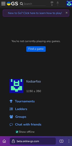 Screenshot of OGS with a "Find a game" in the middle.