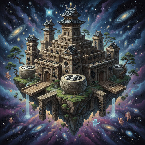 Firefly_gemini-flash_I need you to make a painting of a castle built with weiqi acessories. Needs to be fa 61412